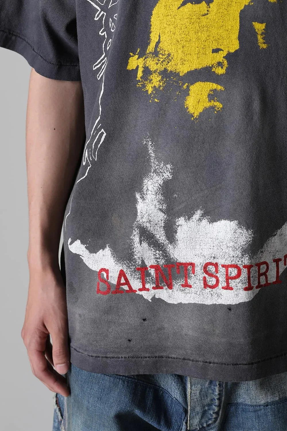 SAINT MICHAEL SS TEE/B FOR REAPER Jesus Hell's Angels Washed and Distressed Short Sleeves Washed Black S-XL Garment Dyed Printed Washed and Distressed